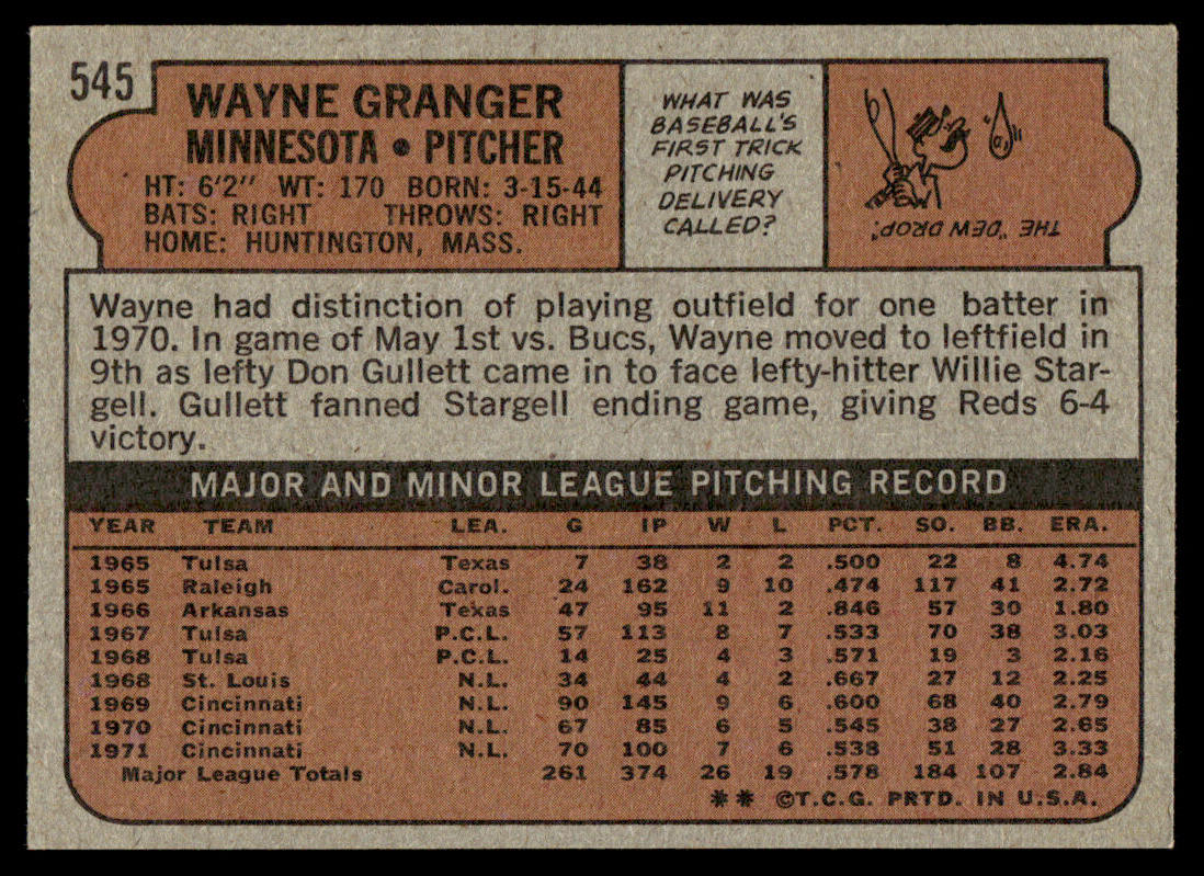 1972 Topps Baseball #545 - Wayne Granger - NM