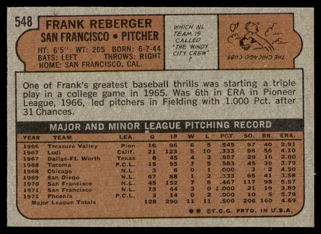 1972 Topps Baseball #548 - Frank Reberger - NM