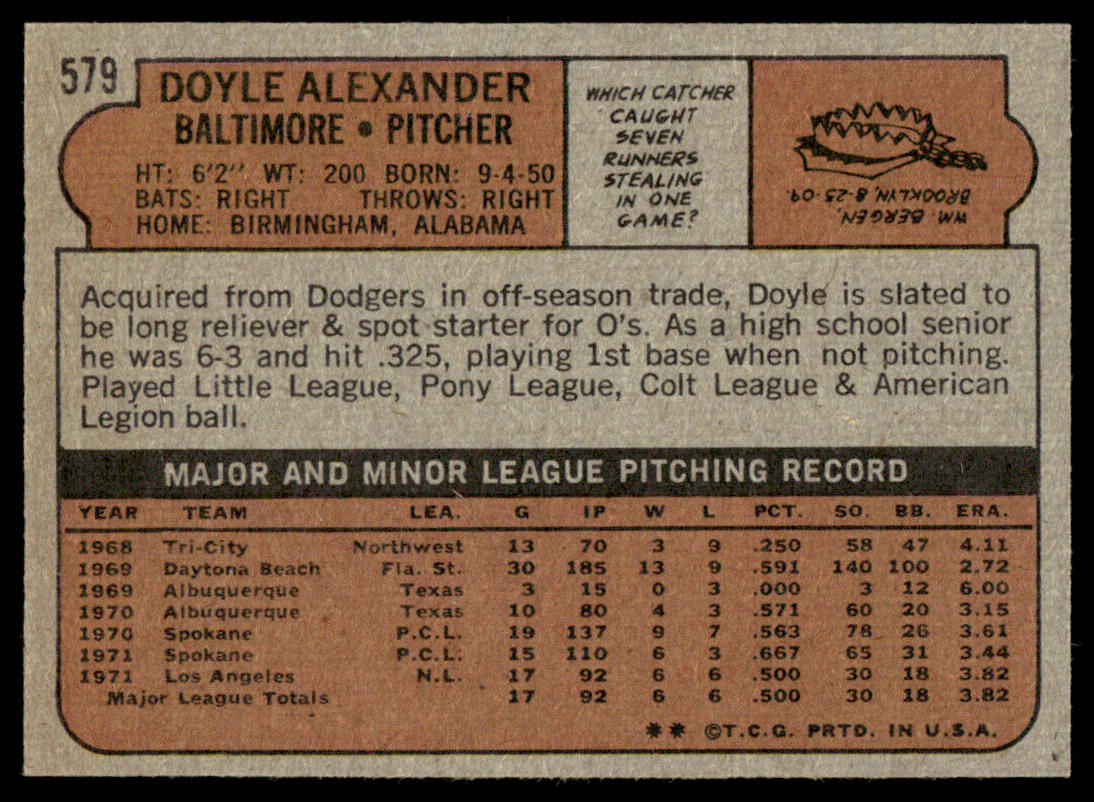 1972 Topps Baseball #579 - Doyle Alexander RC - NM