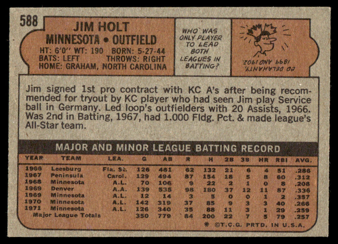 1972 Topps Baseball #588 - Jim Holt - EX
