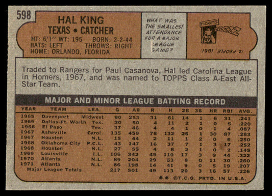 1972 Topps Baseball #598 - Hal King - EXMT