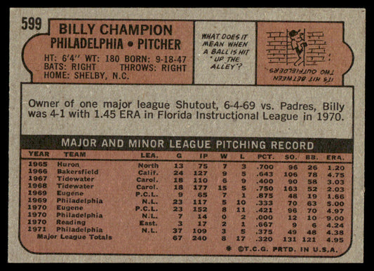 1972 Topps Baseball #599 - Billy Champion - EXMT