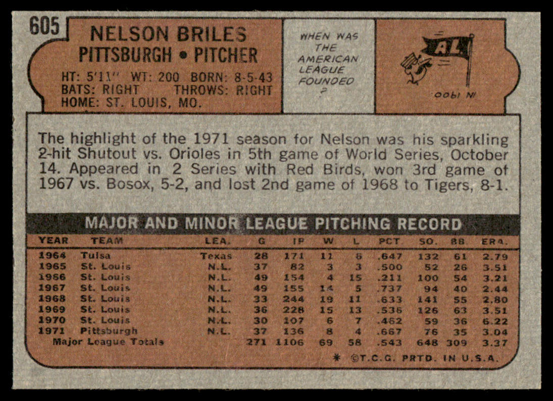 1972 Topps Baseball #605 - Nelson Briles - NM