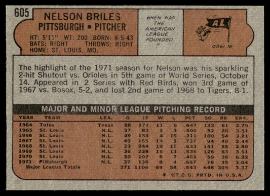 1972 Topps Baseball #605 - Nelson Briles - NM