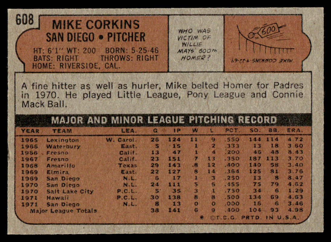 1972 Topps Baseball #608 - Mike Corkins - NMMT