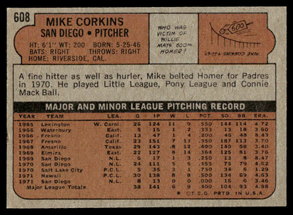 1972 Topps Baseball #608 - Mike Corkins - NMMT