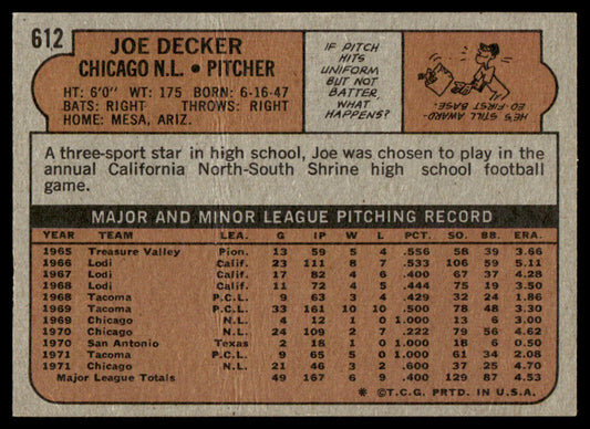 1972 Topps Baseball #612 - Joe Decker - EXMT
