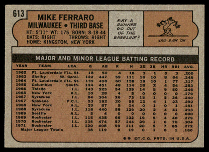 1972 Topps Baseball #613 - Mike Ferraro - NM