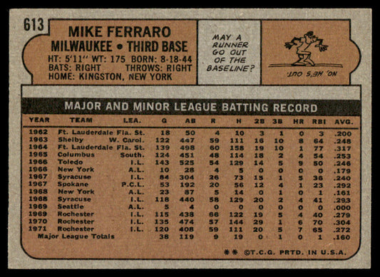 1972 Topps Baseball #613 - Mike Ferraro - NM
