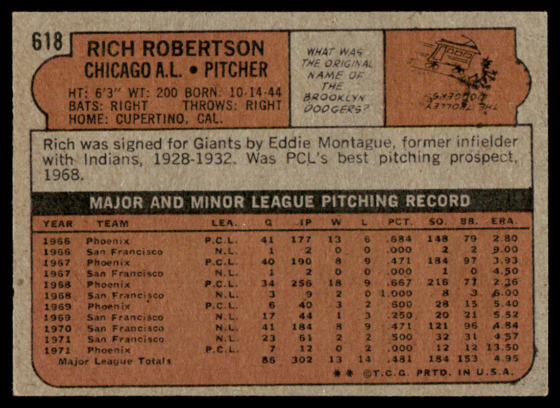 1972 Topps Baseball #618 - Rich Robertson - NM