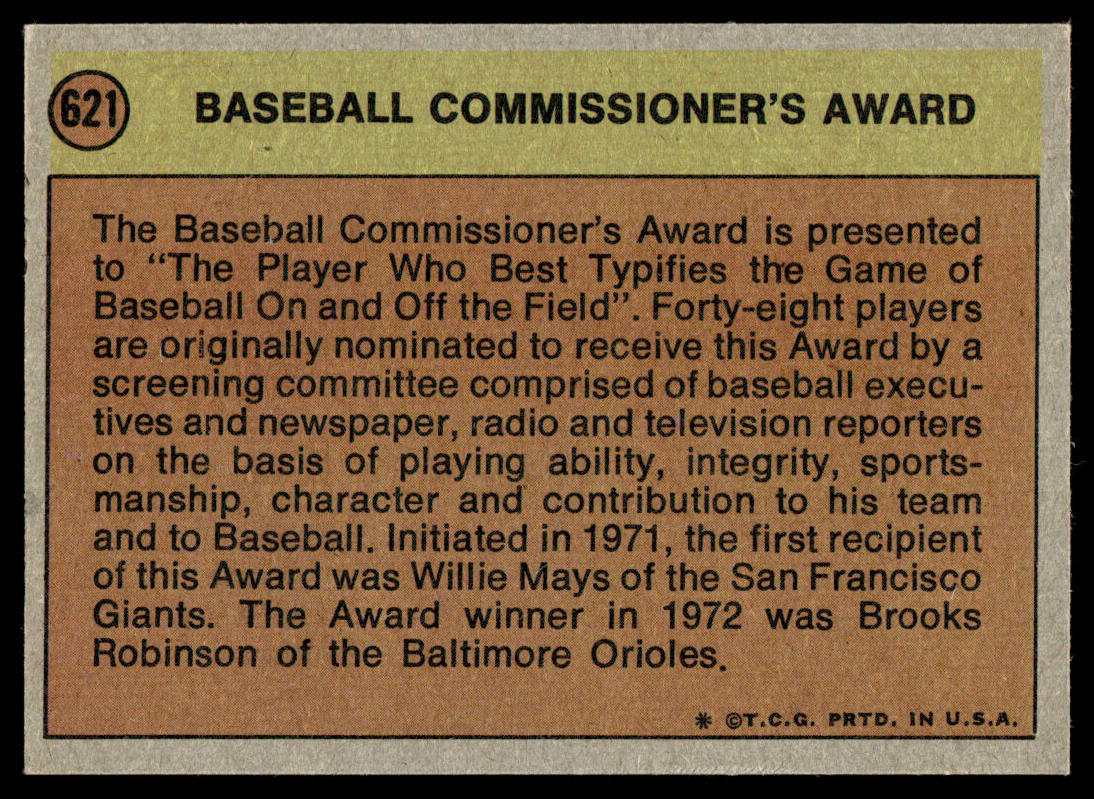 1972 Topps Baseball #621 - Commissioners Award - EX