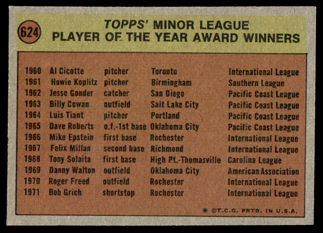 1972 Topps Baseball #624 - Minor League Player of the Year Award - EXMT