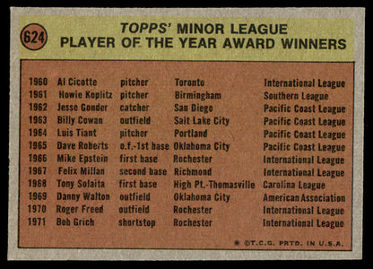1972 Topps Baseball #624 - Minor League Player of the Year Award - EXMT