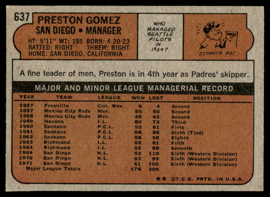 1972 Topps Baseball #637 - Preston Gomez - EXMT
