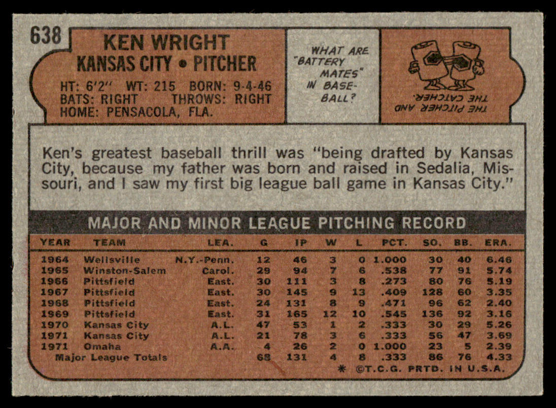 1972 Topps Baseball #638 - Ken Wright - EXMT