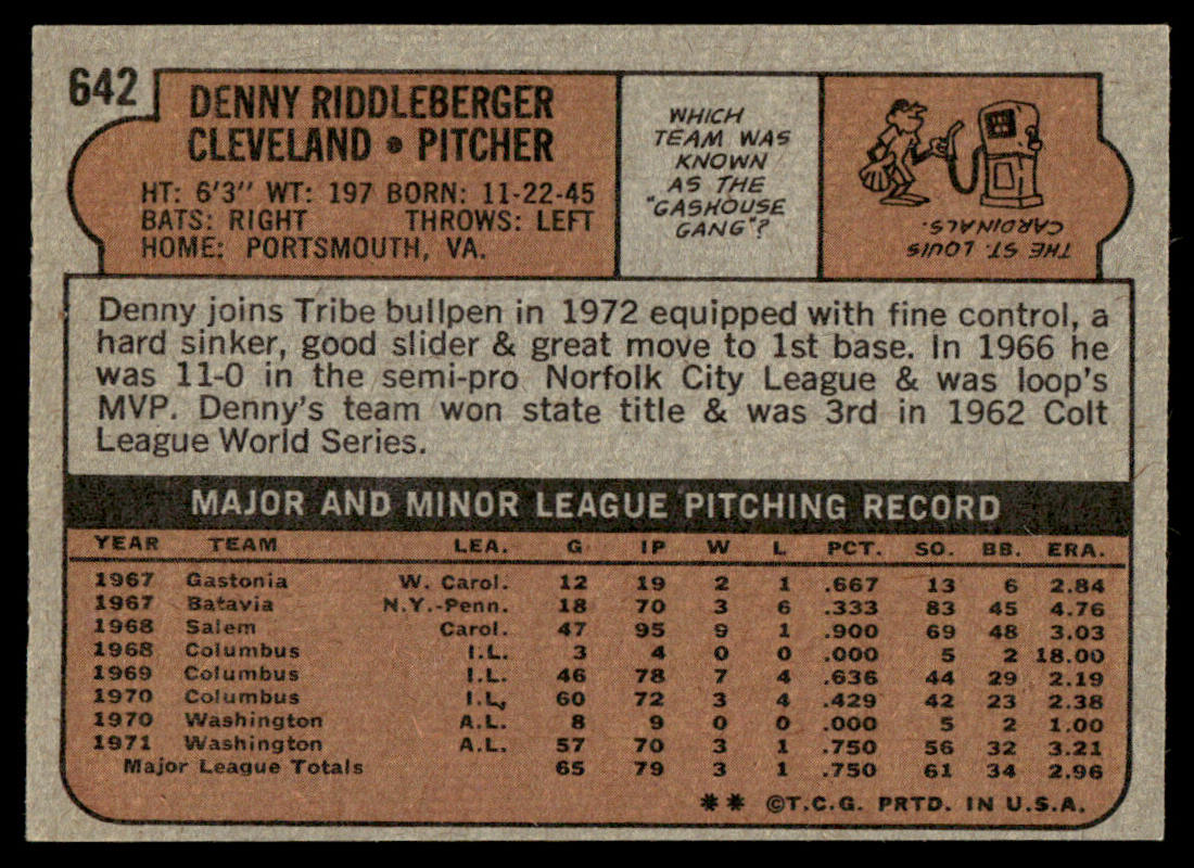 1972 Topps Baseball #642 - Denny Riddleberger - NM
