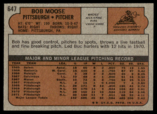 1972 Topps Baseball #647 - Bob Moose - NM