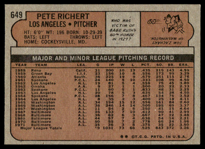1972 Topps Baseball #649 - Pete Richert - NM