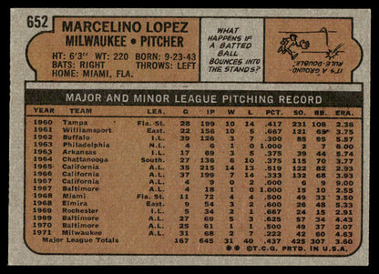 1972 Topps Baseball #652 - Marcelino Lopez - EXMT