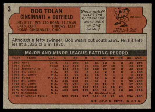 1972 Topps Baseball #3 - Bob Tolan - NM