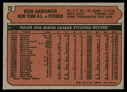 1972 Topps Baseball #22 - Rob Gardner - NM