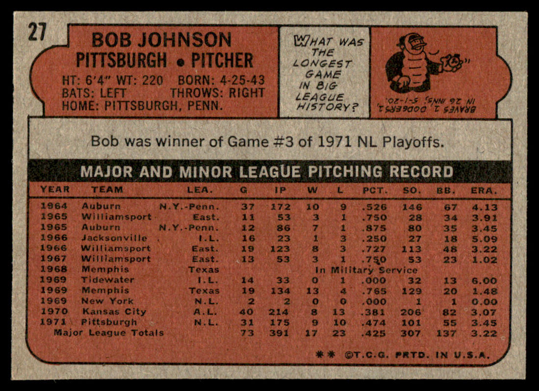 1972 Topps Baseball #27 - Bob Johnson - NM