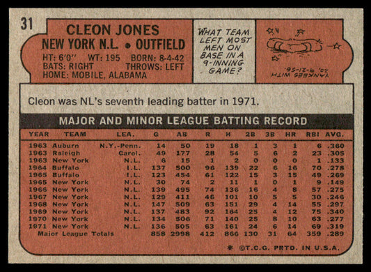 1972 Topps Baseball #31 - Cleon Jones - NM
