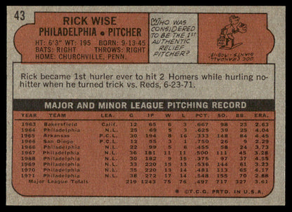 1972 Topps Baseball #43 - Rick Wise - NM