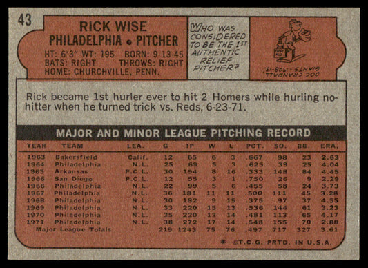 1972 Topps Baseball #43 - Rick Wise - NM