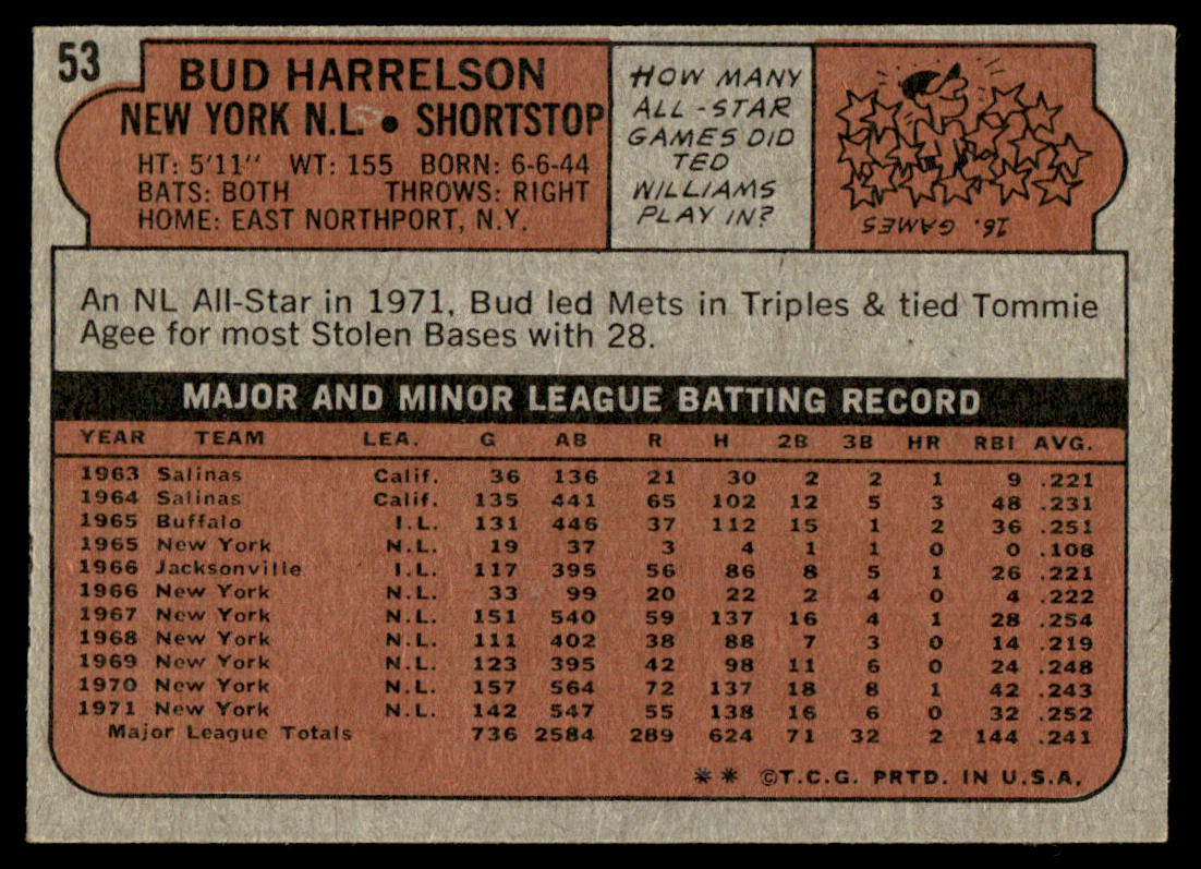 1972 Topps Baseball #53 - Bud Harrelson - EXMT