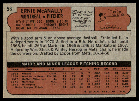 1972 Topps Baseball #58 - Ernie McAnally - NMMT
