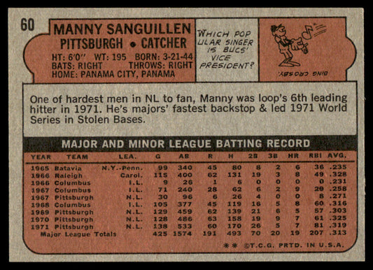 1972 Topps Baseball #60 - Manny Sanguillen - NM