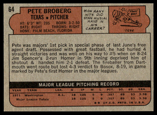 1972 Topps Baseball #64 - Pete Broberg RC - NM