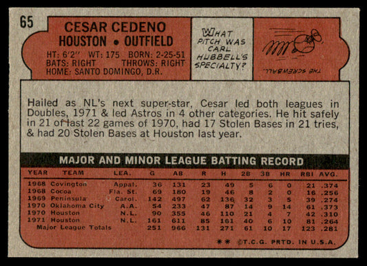 1972 Topps Baseball #65 - Cesar Cedeno - NM