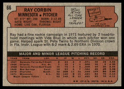 1972 Topps Baseball #66 - Ray Corbin RC - NMMT
