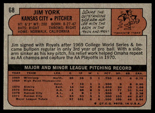 1972 Topps Baseball #68 - Jim York RC - NMMT