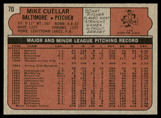 1972 Topps Baseball #70 - Mike Cuellar - NM
