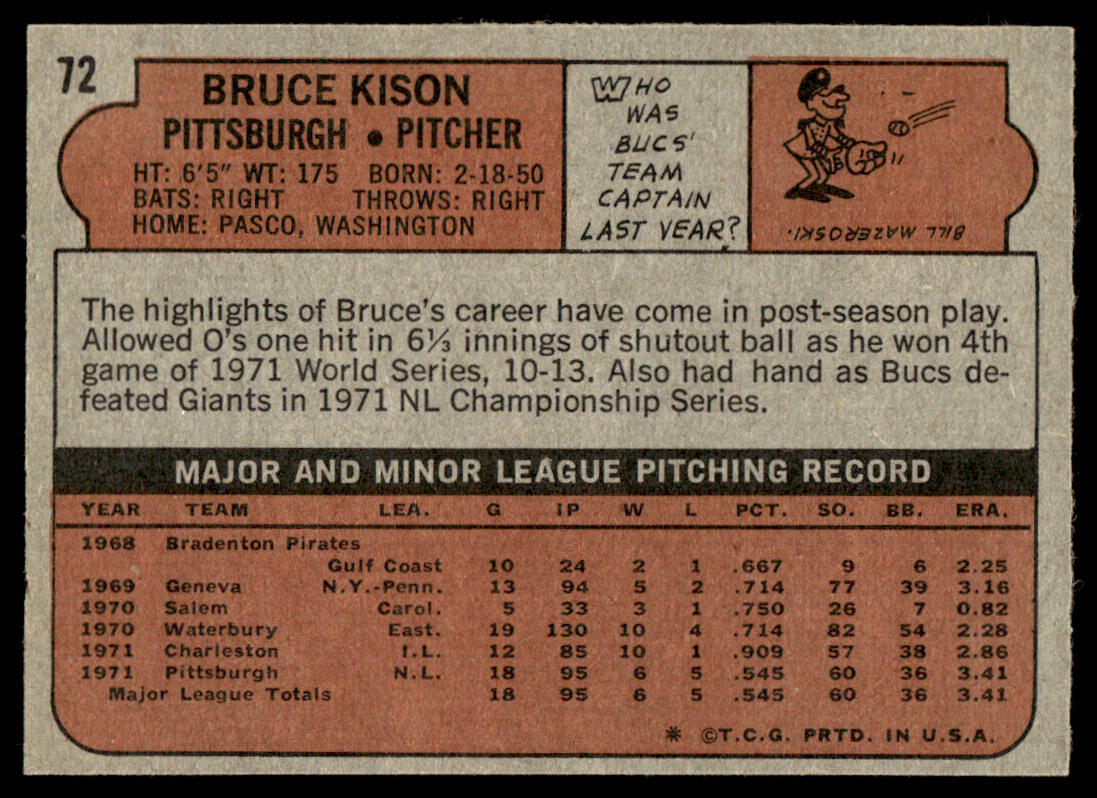 1972 Topps Baseball #72 - Bruce Kison RC - EXMT