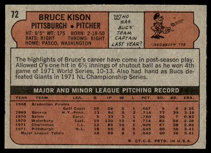 1972 Topps Baseball #72 - Bruce Kison RC - EXMT