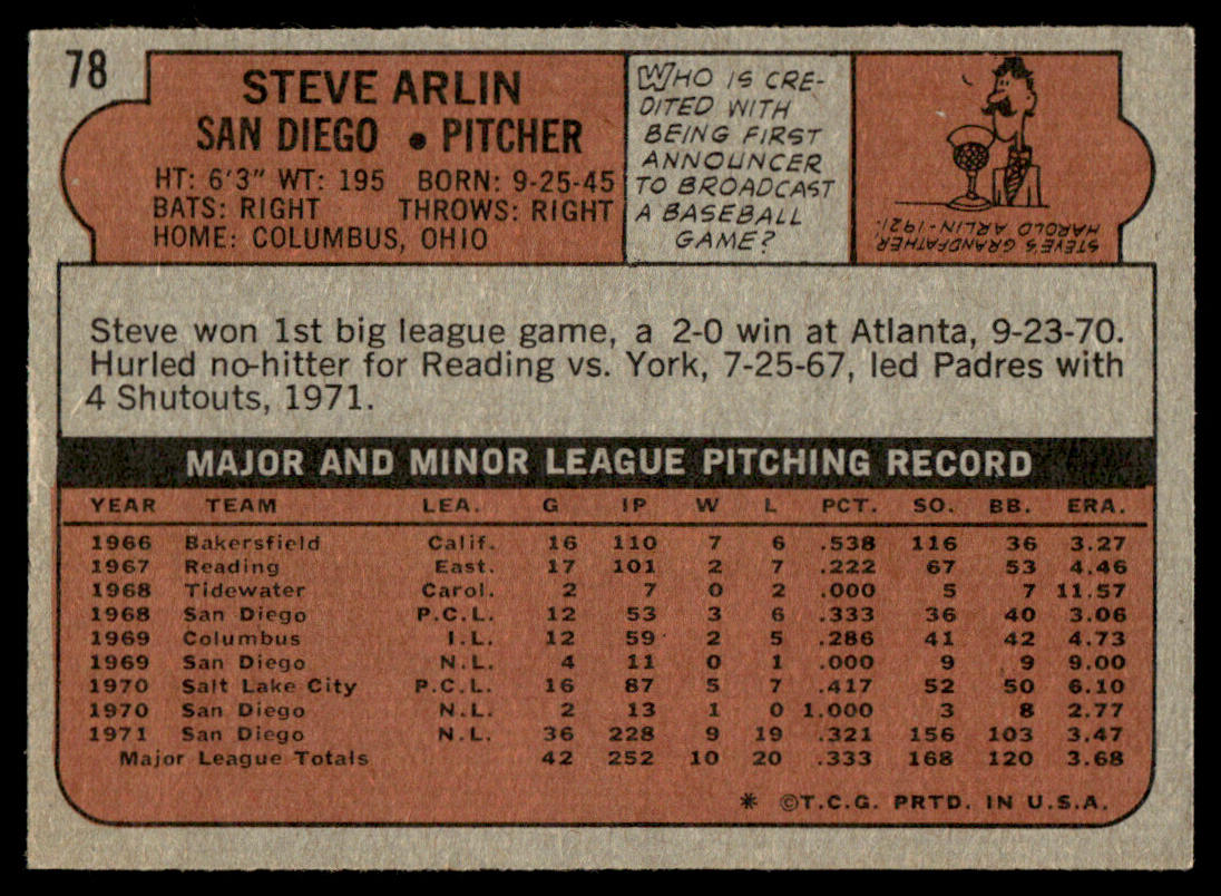 1972 Topps Baseball #78 - Steve Arlin RC - EXMT