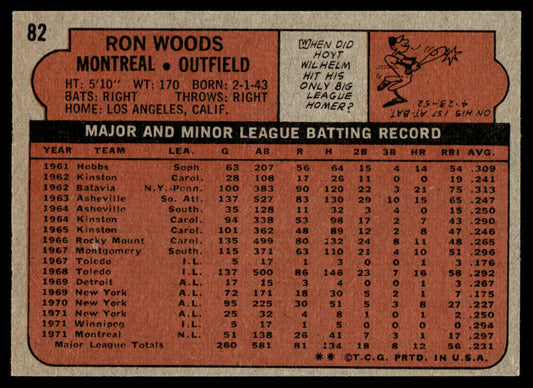 1972 Topps Baseball #82 - Ron Woods - NM