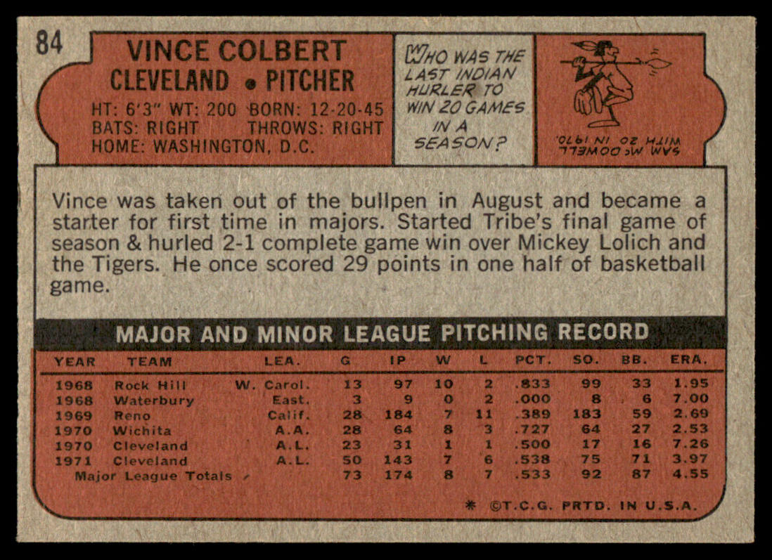 1972 Topps Baseball #84 - Vince Colbert - NM