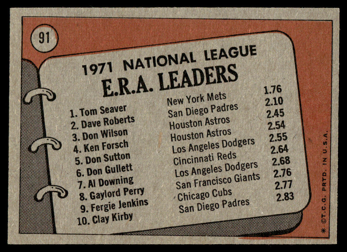1972 Topps Baseball #91 - 1971 N.L. E.R.A. Leaders - NM