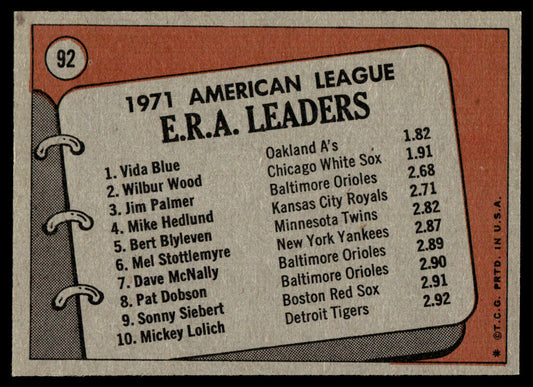 1972 Topps Baseball #92 - 1971 A.L. E.R.A. Leaders - NM