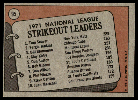 1972 Topps Baseball #95 - 1971 N.L. Strikeout Leaders - EXMT