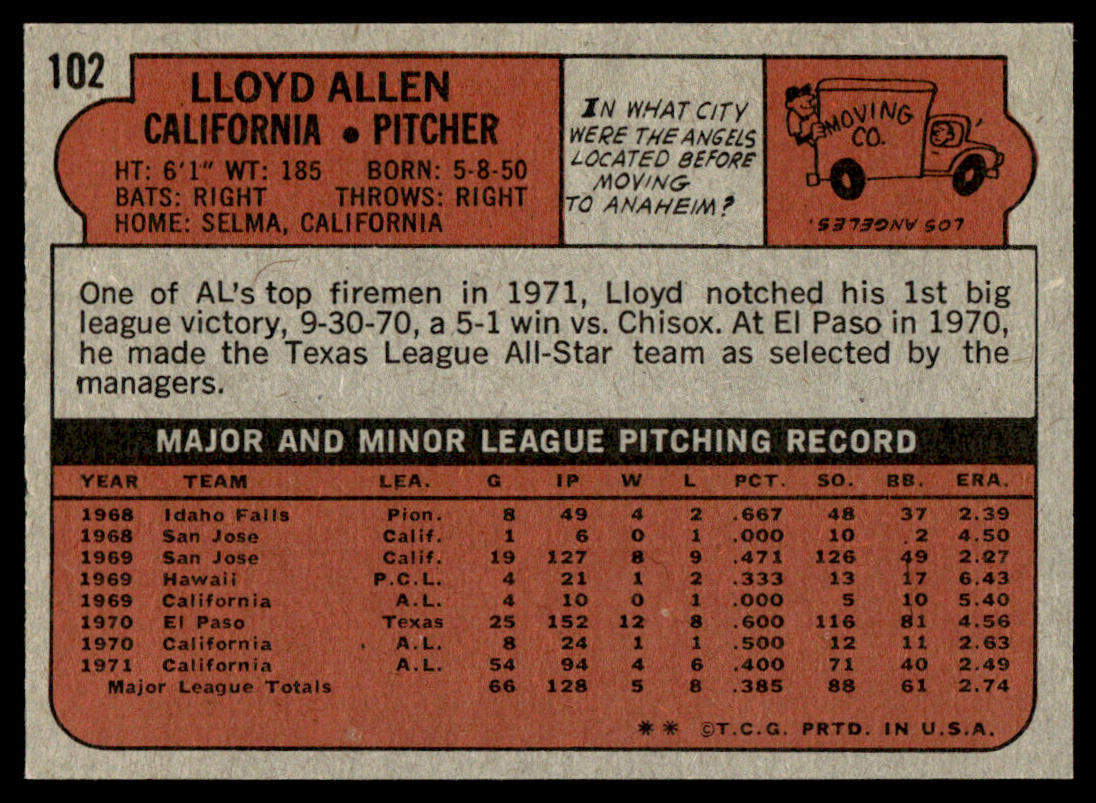 1972 Topps Baseball #102 - Lloyd Allen - NM