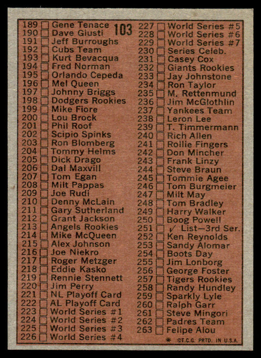 1972 Topps Baseball #103 - Checklist 2nd Series - NMMT