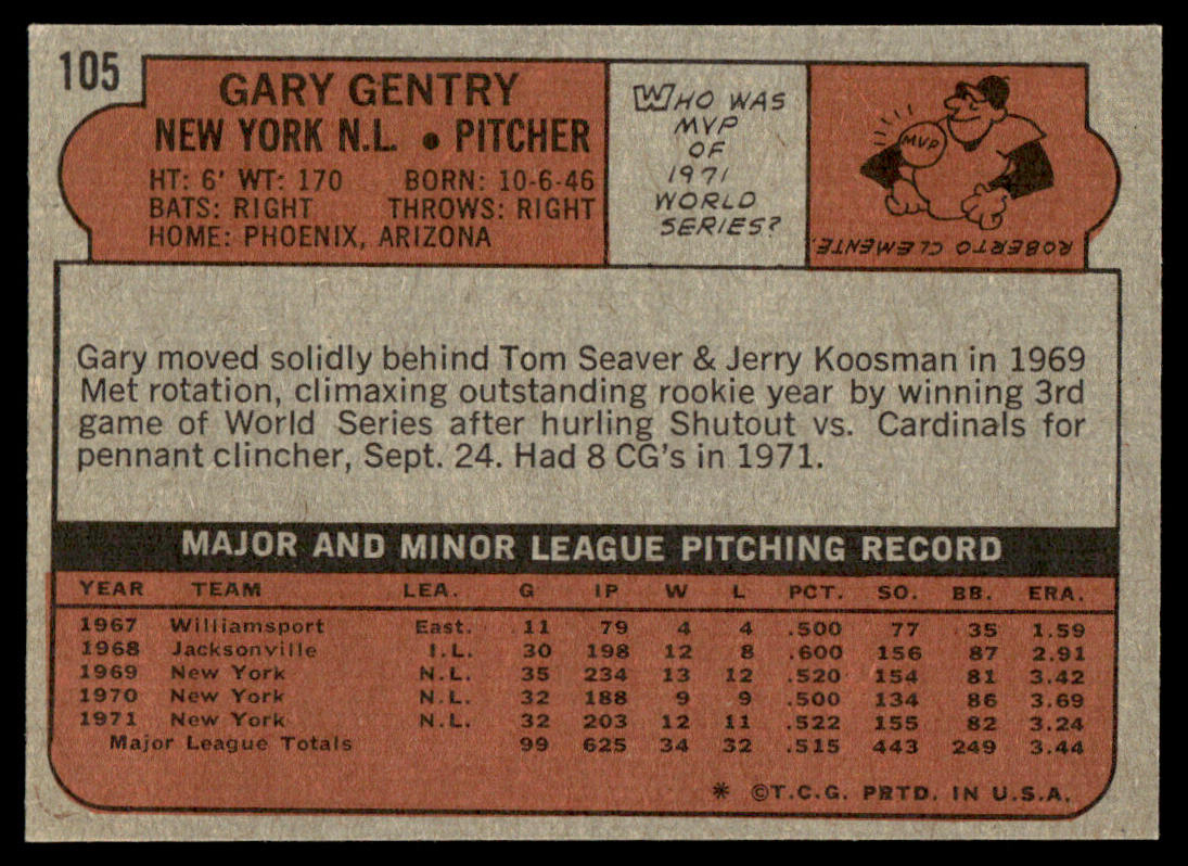 1972 Topps Baseball #105 - Gary Gentry - NMMT
