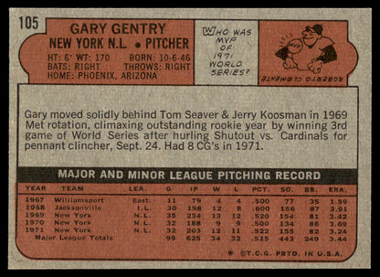 1972 Topps Baseball #105 - Gary Gentry - NMMT