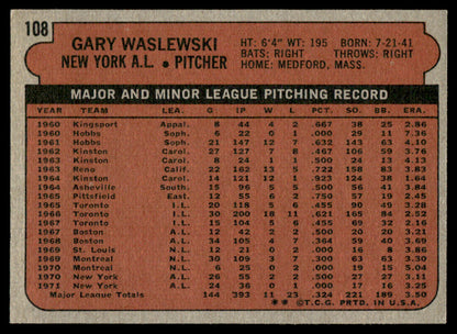 1972 Topps Baseball #108 - Gary Waslewski - NM